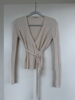 Reformation Cream Ribbed Wrap V-Neck Sweater